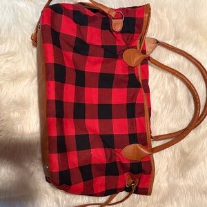 Plaid Red and Black Tote with Tan Accents
